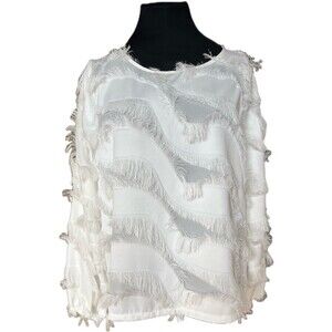 Anthena Marie Porcelain White Fringe Balloon Sleeve Blouse Women's Size M NWOT